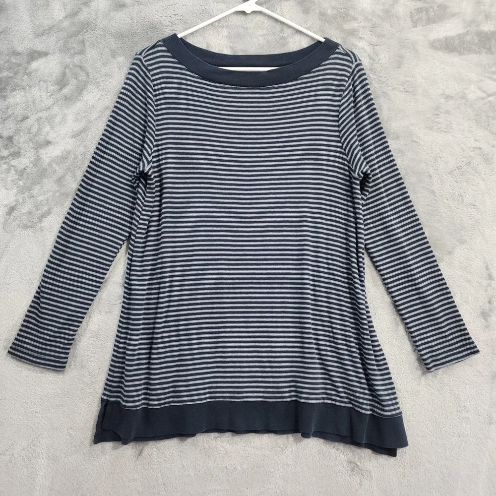 J.Jill Top Womens M PETITE Blue Striped Boat Neck Long Sleeve Tunic Perfect Pima
